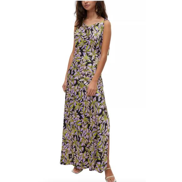 Vero Moda Dress Womens Large Purple Floral Kyra Maxi Slip Side Slip Tie Shoulder - Picture 1 of 10